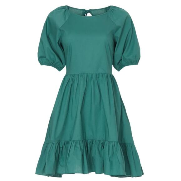 Peter Som Green Open Back‎ Ruffle Hem Puff Sleeve Mini Dress Women's 6 Preppy - Picture 1 of 14